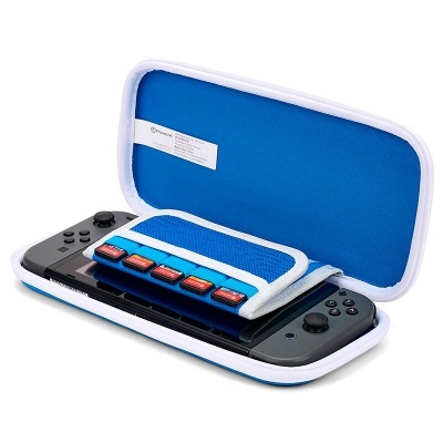 Capa rígida branca e azul para Nintendo Switch com estojo de armazenamento interno e cartões de memória