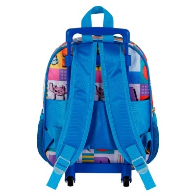 Mochila infantil de carrinho azul com padrões coloridos vista de trás