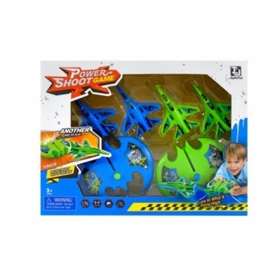 Conjunto Power Shoot Game com discos de lançamento azul e verde com aviões de plástico.