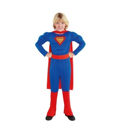 Fato de super-herói azul e vermelho para criança com capa e símbolo SUPER no peito