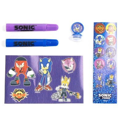 Conjunto de atividades Sonic com marcadores roxo e azul, carimbo, almofada de tinta e autocolantes