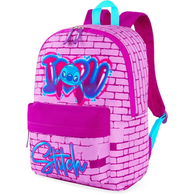Mochila rosa com padrão de tijolos, personagem Stitch e texto I LOVE U e Stitch
