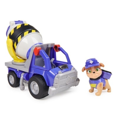 Brinquedo de camião betoneira azul com figura de cão com colete azul