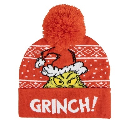 Gorro vermelho de malha com pompom e personagem Grinch com chapéu de Natal