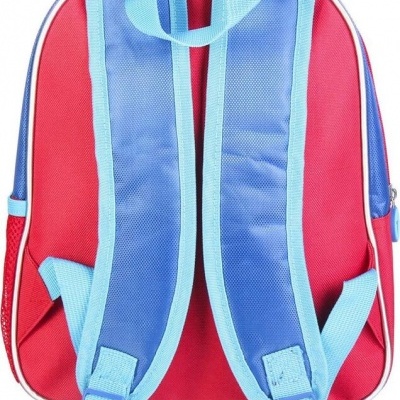 Mochila vermelha com alças azuis claras acolchoadas e fecho azul