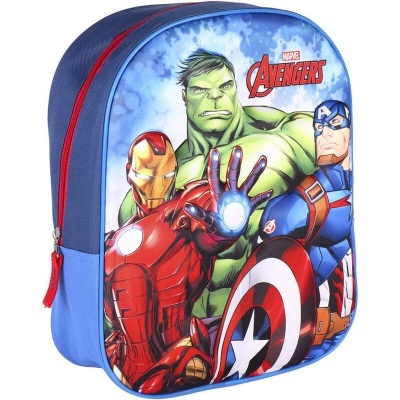 Mochila azul dos Avengers com personagens Iron Man, Hulk e Capitão América