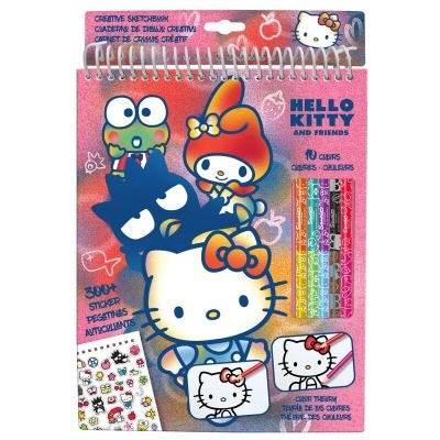 Caderno de desenho Hello Kitty com canetas coloridas e autocolantes