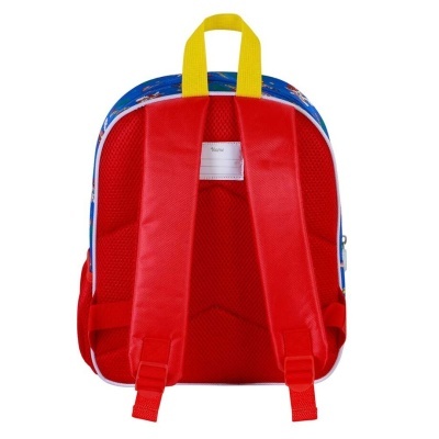 Mochila infantil vermelha com alças acolchoadas e pega amarela