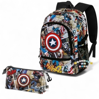Mochila e estojo com padrão de comics Capitão América em várias cores