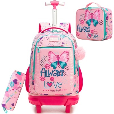 Mochila de rodas cor-de-rosa com borboleta e padrão colorido e frases