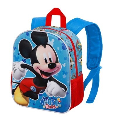 Mochila infantil azul com estampa do Mickey Mouse e texto HOUSE Rules