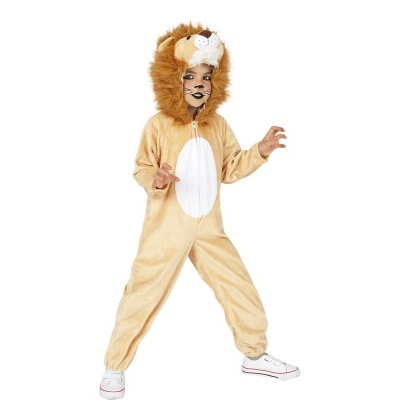 Fato de carnaval infantil de leão com capuz peludo e barriga branca