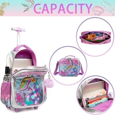 Mala de rodas infantil com padrão de unicórnio colorido e bolsos