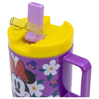 Copo infantil roxo com tampa amarela e estampa da Minnie Mouse