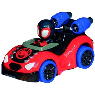 Carrinho de brinquedo vermelho, azul e preto com personagem estilo Homem-Aranha e símbolo de aranha no capô.