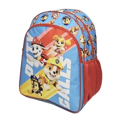Mochila infantil azul e vermelha com personagens da Paw Patrol
