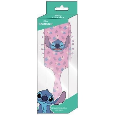 Escova de cabelo rosa com padrão de folhas e personagem Stitch em embalagem transparente