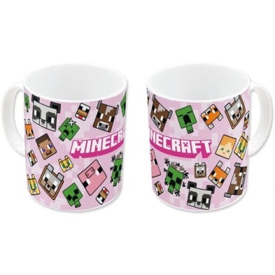 Duas canecas de cerâmica com alças e estampas de personagens do Minecraft em fundo rosa