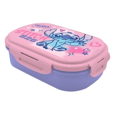 Pote lanche plástico rosa e lilás com personagem Stitch azul e texto e estrelas na tampa