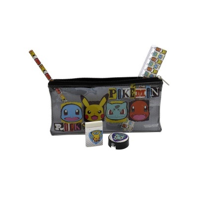 Estojo cinzento com personagens Pokémon e acessórios escolares
