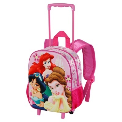 Mochila de rodinhas rosa com personagens Disney na frente.