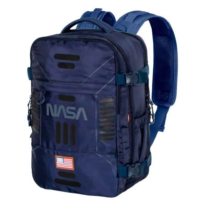 Mochila azul escura com logótipo NASA e bandeira dos EUA