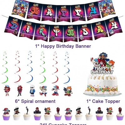 Conjunto de decoração de aniversário com faixas, enfeites espirais, toppers para cupcakes e topper para bolo com personagens e texto HAPPY BIRTHDAY