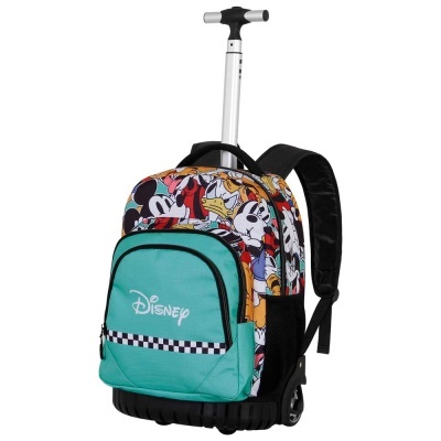 Mochila com rodas e cabo extensível estampada com personagens Disney e bolso verde água com texto 'Disney'.