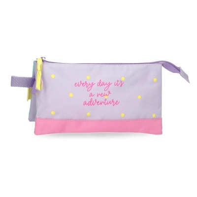 Estojo lilás com bolinhas amarelas e frase cor-de-rosa