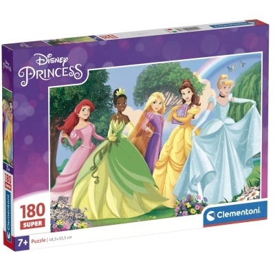 Caixa de puzzle Disney Princess Clementoni com cinco princesas em vestidos coloridos.