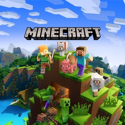 Capa do jogo Minecraft com personagens e animais em cenário de blocos