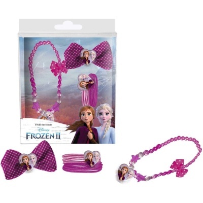 Conjunto Frozen II com pulseira, colar, elásticos e laço em tons de rosa com imagens das personagens Anna e Elsa
