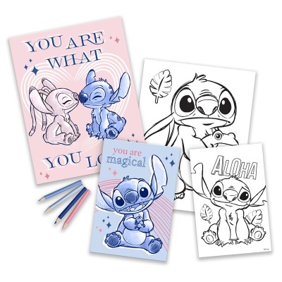 Folhas para colorir com personagens Stitch e Elvis e lápis de cor