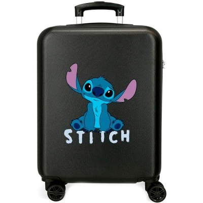 Mala de viagem preta com estampa do personagem Stitch azul e texto STITCH