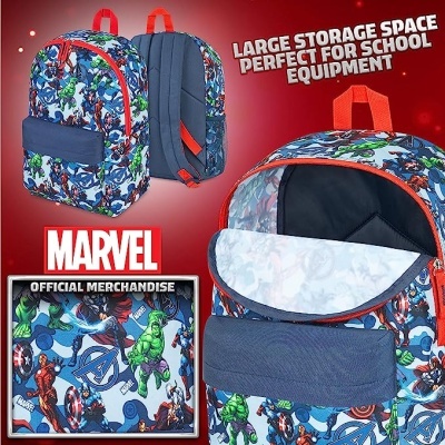 Mochila azul com estampado colorido dos personagens Marvel e alças vermelhas