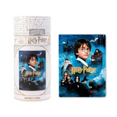 Puzzle Harry Potter de 500 peças com personagens e castelo, embalagem cilíndrica branca