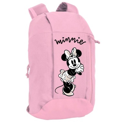 Mochila rosa com estampa da Minnie Mouse preto e branco e texto 'minnie'