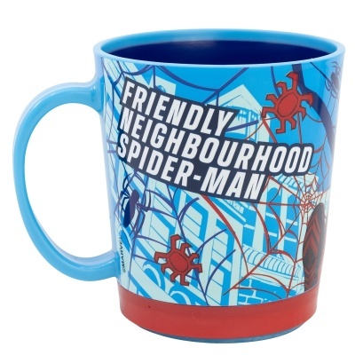 Caneca azul com estampa Spider-Man e texto Friendly Neighbourhood Spider-Man.