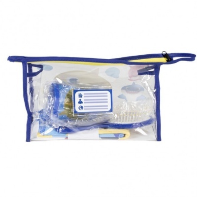 Estojo escolar transparente com acessórios e fecho amarelo