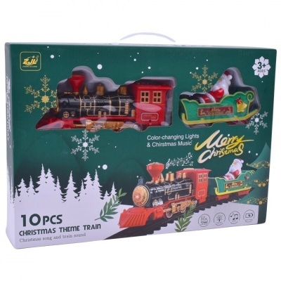 Conjunto de comboio de Natal em caixa verde com luzes coloridas e música