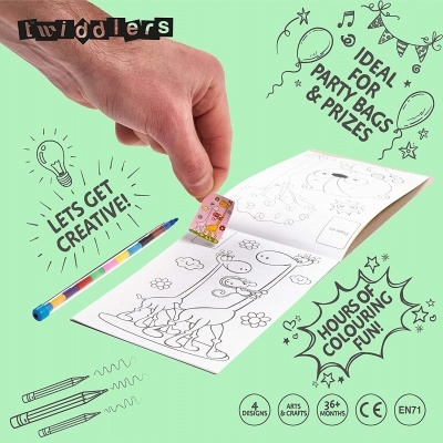Folha de desenhos para colorir com lápis de cor e apontador, fundo verde claro com texto promocional