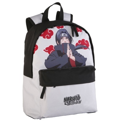 Mochila branca e preta com estampa de personagem Naruto e texto Naruto Shippuden.