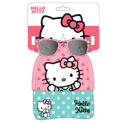 Óculos de sol Hello Kitty com estojo rosa e azul com padrão de bolinhas e personagem
