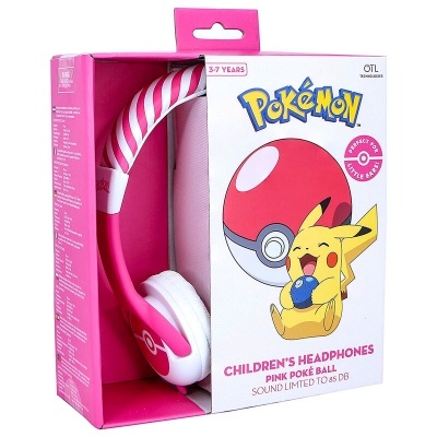 Auriculares infantis rosas Pokémon com embalagem branca e rosa e imagem do Pikachu