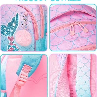 Mochila infantil azul e rosa com padrão de escamas e cauda de sereia