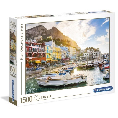 Caixa de puzzle 1500 peças com imagem de porto e barcos