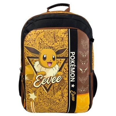 Mochila Pokémon Eevee castanha, preta e amarela com imagem do personagem Eevee.
