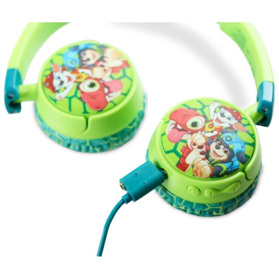 Auriculares de criança verde com personagens animados coloridos e botão de controlo