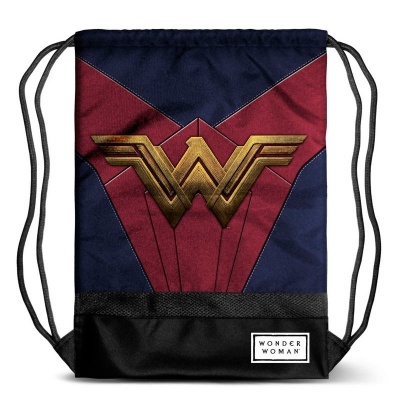 Saco mochila Wonder Woman com cordões e design em azul, vermelho, preto e dourado
