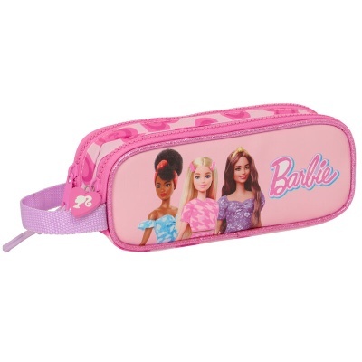 Estojo escolar cor-de-rosa com personagens Barbie e fecho éclair